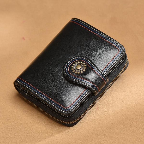

genuine leather short wallet ladies new korean high-grade folding cowhide small coin purse student fashion multi-card black bag