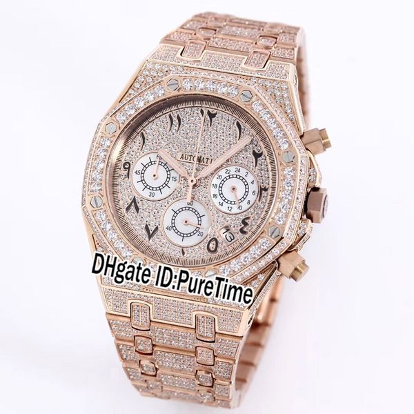 

New Royal Full Iced Out Vs Moissanite Diamond Pave Rose Gold Arabic Numerals Markers Dial VK Quartz Chronograph Mens Watch Puretime 112c3