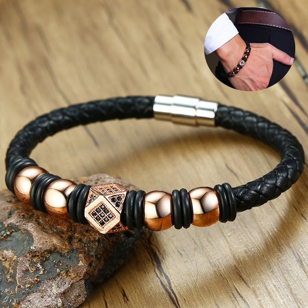 

2020 fashion punk stainless steel leather beaded braclet for men black rose gold bracelet for men bangle accessory women, Golden;silver
