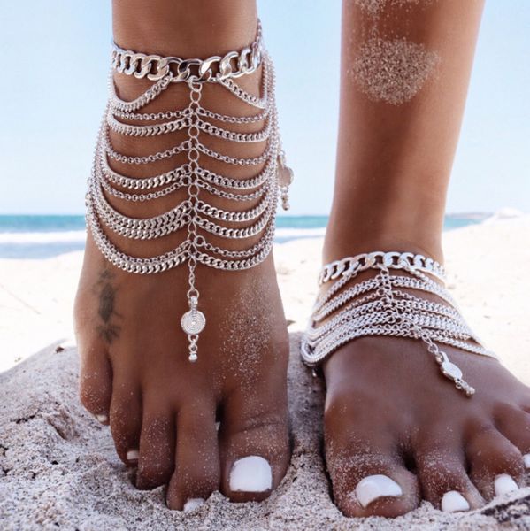 

jewelry punk style popular elements coin tassel multi-layer anklet, Red;blue