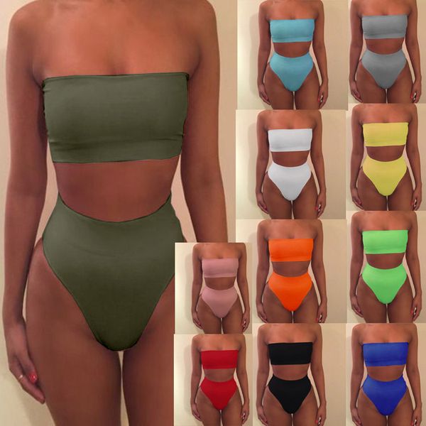 

strapless bikini bikinis women set off shoulder solid bandage push up padded swimwear swimsuit beachwear pluz size mma1673