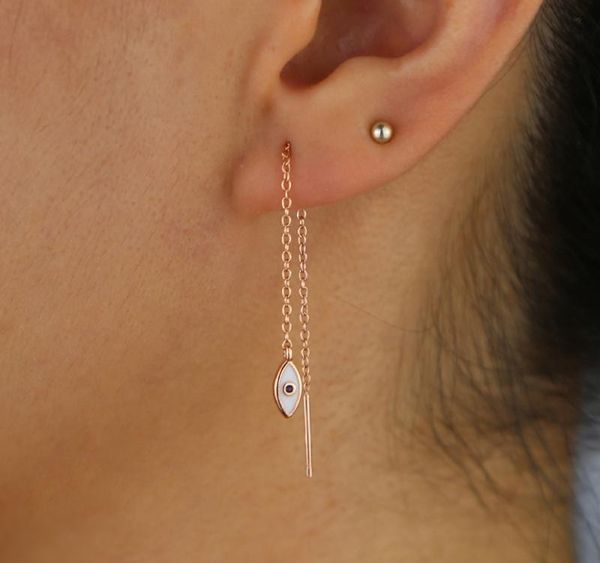 

long chain ear threader earring white enamel evil eye charm silver color rose gold turkish fashion earring002, Golden;silver