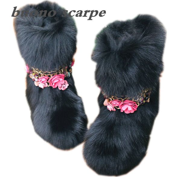 

new fur metal chain ladies fur increased high and medium tube female t platform snow boots, Black