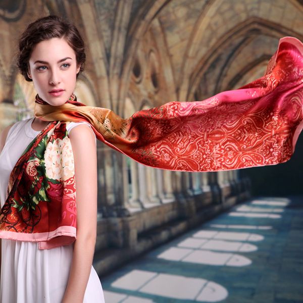 

bysifa] autumn winter ladies 100% silk long scarves wraps new grade floral design red coffee women scarf shawl foulard, Blue;gray
