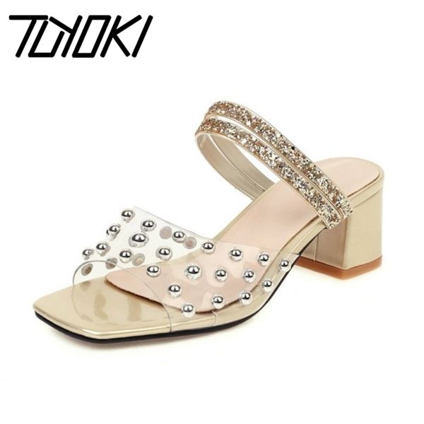 

tuyoki new fashion shoes sandals pearl crystal shoes transparent thick heel open toe slip on slides slippers large size 32-50, Black