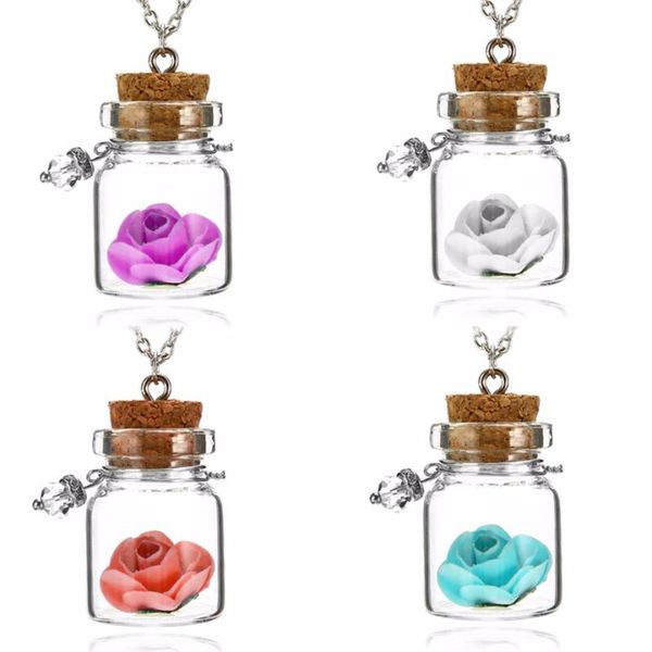 

cute glow in the dark wishing bottle necklace glowing rose flower glass pendant necklace for girl charm jewelry gift, Silver