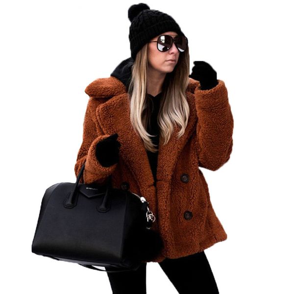 

women's fur & faux 2021 thick jacket coat women casual big size teddy winter fleece warm pockets plush overcoat solid outwear, Black