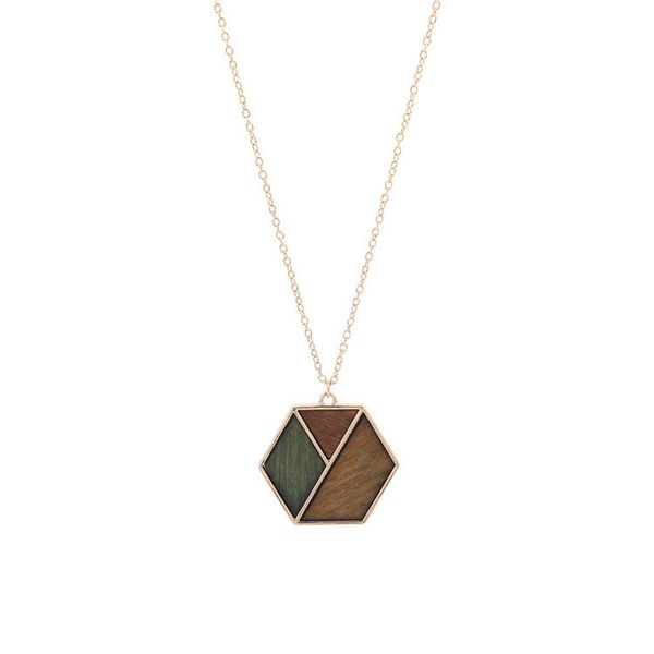 

geometric hexagon contrast color wood necklace alloy wood stitching pendant sweater chain women trendy fashion party accessories, Silver