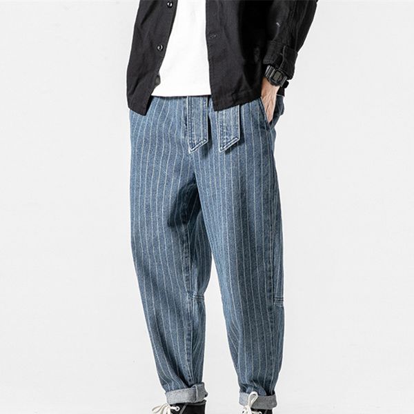 

men's jeans vertical striped denim for men retro japanese streetwear biker black blue pencil plus size -5xl