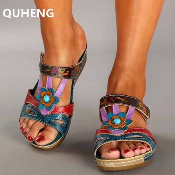 

new women's slippers summer ladies colorful flowers pu leather flip flops outdoor woman casual wedge heel sandals plus size35-43, Black