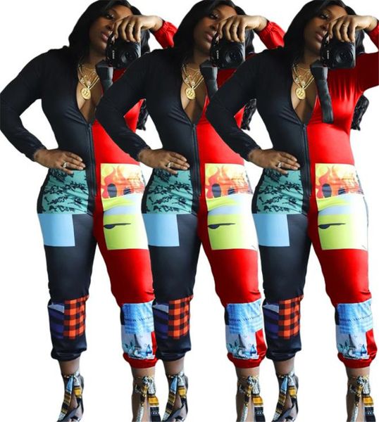 

winter autumn women jumpsuits fashion contrast color patchwork long sleeve zipper neck skinny rompers new women clothes, Black;white