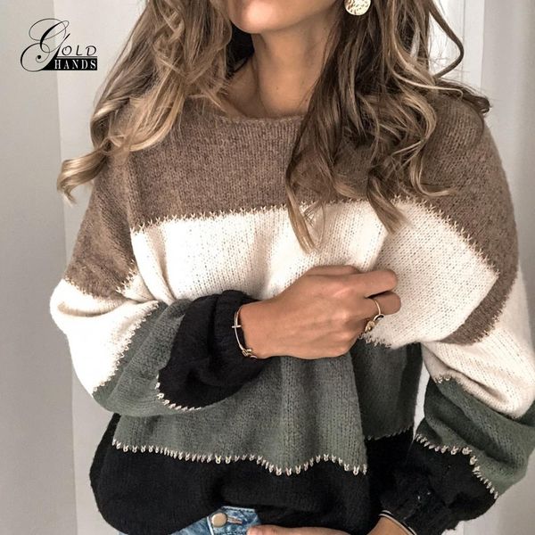 

gold hands women fashion patchwork long sleeve warm knitted sweaters pullover female jumper o-neck autumn winter sweater t200101, White;black