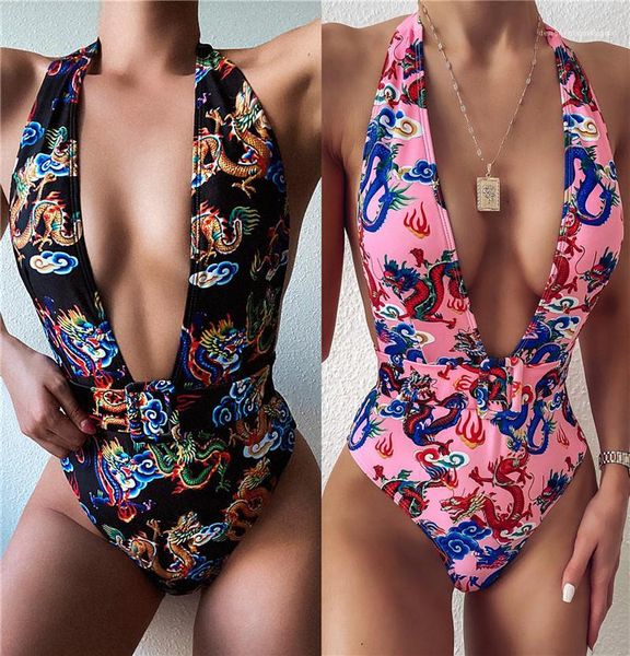 

pattern deep v neck backless halter swimwear 20ss women summer beachwear women one piece swimsuits dragon, White;black
