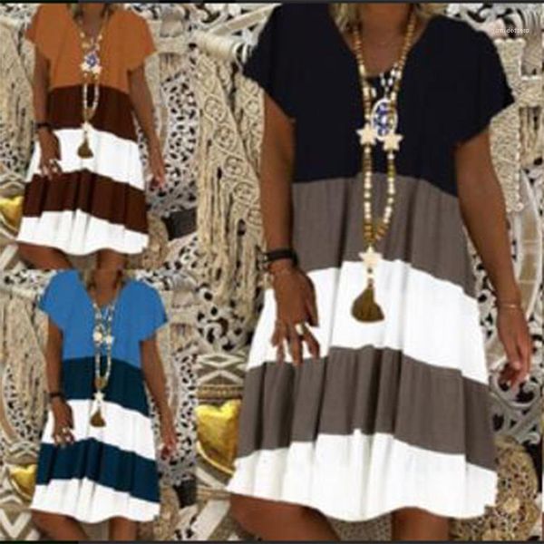 

short sleeve crew neck dresses loose stripe ladies casual female clothing pullover panelled womens designer dress, Black;gray