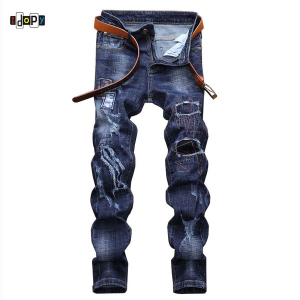 

idopy men`s fashion patchwork jeans hip hop street style ripped destroyed vintage washed brand designer denim joggers trousers, Blue