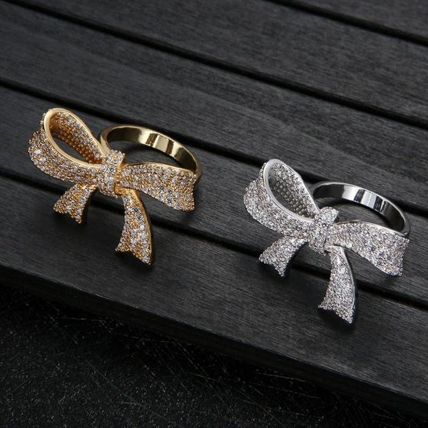 

trendy women's jewelry hand made cubic zirconia bowknot finger ring wedding ring for women bijoux j1778, Golden;silver