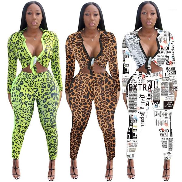 

new women autumn suist leopard women 2 piece set lace up v neck long sleeve two piece pants, Gray