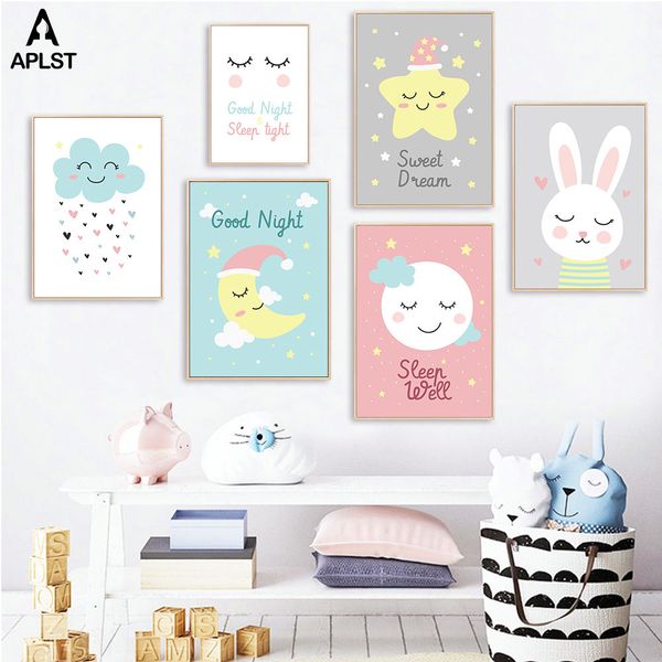 

cartoon nursery prints the sun the moon clouds poster sleep well canvas painting baby kid's room picture decals wall art decor
