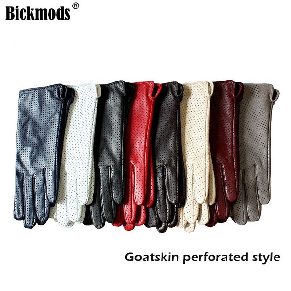 

goatskin leather gloves female spring and autumn wear thin fashion perforated silk in outdoor motorcycle riding and driving, Blue;gray