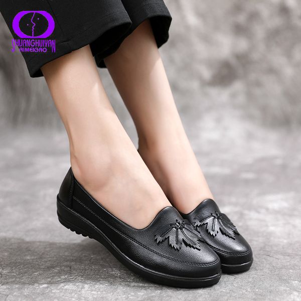 

aimeigao осень цветочного офис леди мокасины квартира женщина зрелая черный мягкий pu обувь женщина круглый toe карьера скольжению на обуви, Black