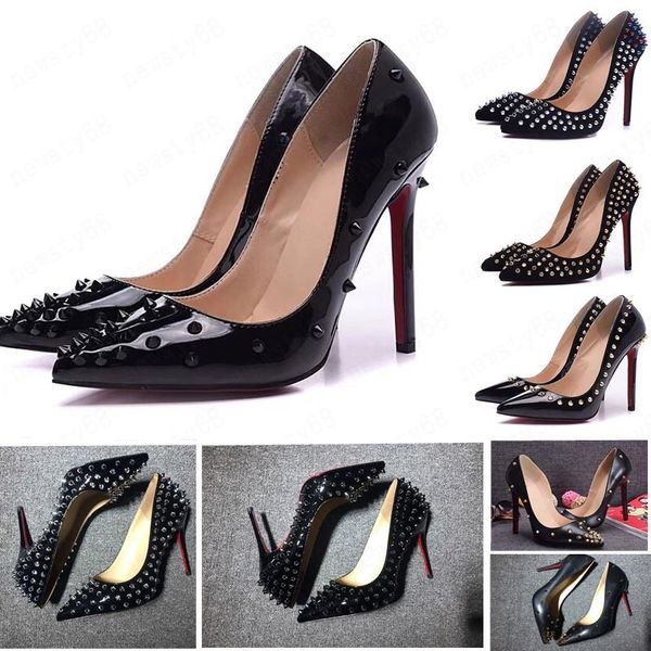 

brand shoes red sloe women pumps high heel shoes rivet pointed toe fine heel lady wedding shoes bottom for the red 8cm 10cm 12cm 35-44, Black