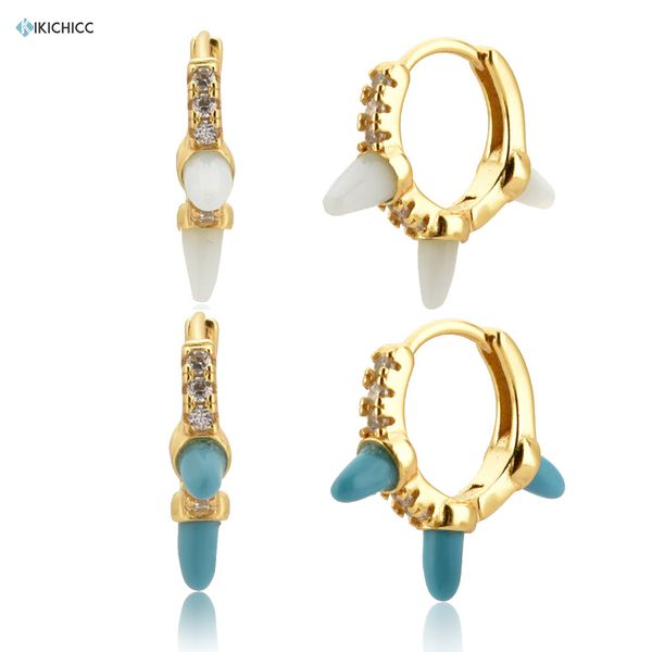 

hoop & huggie kikichicc 100% 925 sterling silver three gemstone cz spike earring hoops loop piercing pendiente luxury rock punk jewelry fine, Golden;silver