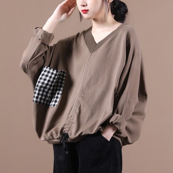 

women's hoodies & sweatshirts [ewq] 2021 autumn pattern v-collar long sleeve plaid print patchwork pullovers casual sweatshirt women la, Black