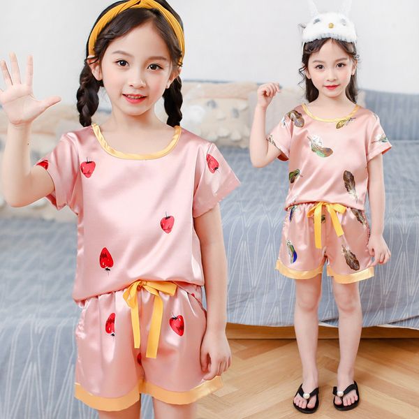 

summer children short pajamas sets 2020 cute silk sleepwear girls short kids pijamas baby short and pant print kids pajamas, Blue;red