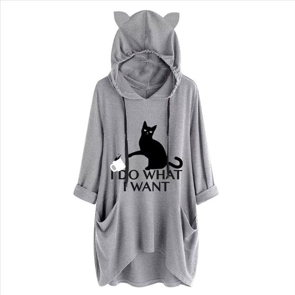 

women casual hoodies print cat ear hooded long sleeves roll up sleeve pockets irregular blouse shirts feminine high quality, White