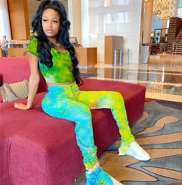 

2pcs ladies sets casual slim pullover woman tie dye suits womens stacked split tracksuits short long pant, Gray