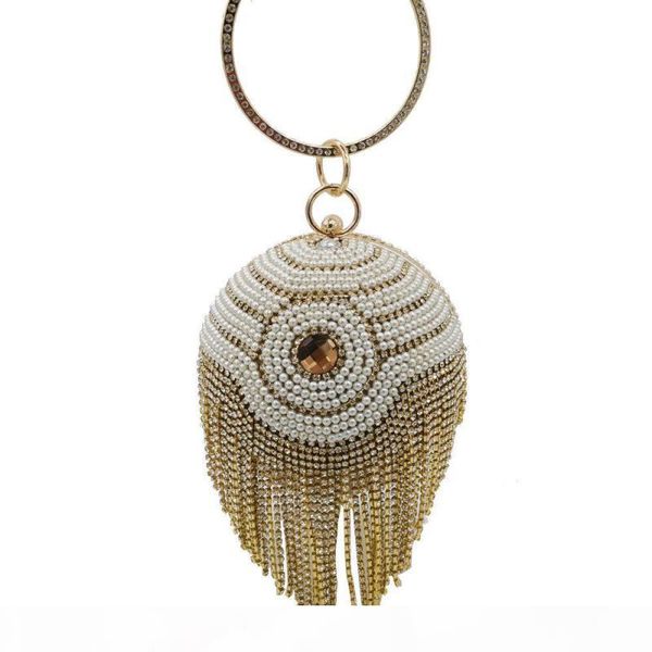 

designer-johnature banquet evening bags circular totes women bag pearl with diamond tassel luxury handbags fashion party lady bags