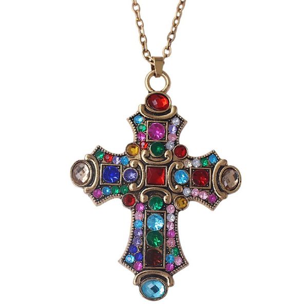 

colorful rhinestone crystal inlaid gold large size metal cross pendant necklace for men and women lucky amulet gift souvenir, Silver