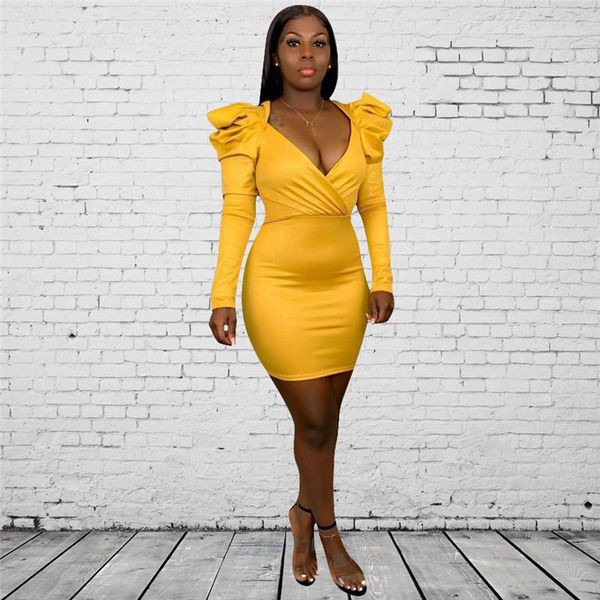 

новый v шеи puff рукавом сексуальные платья сплошного цвета мини-платье женский одежда женская дизайнер платья, Black;gray