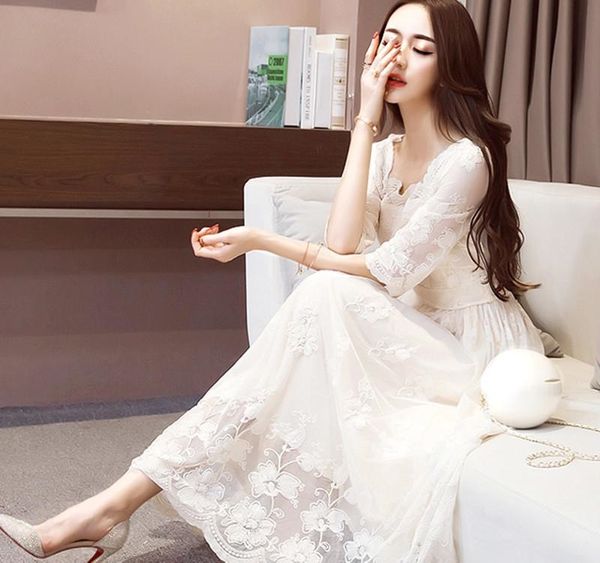 

elegant 2020 lady ruffled summer lace dress women fashion hollow out color long slim party dresses vestidos002, Black;gray