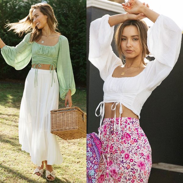 

women long sleeve crop blouse new drawstring ladies deep u neck tees skinny femme tees, White