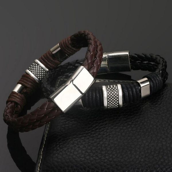 

1pcs 2020 men's leather titanium steel hand-woven clasp bracelet retro style daily wear simple, Golden;silver
