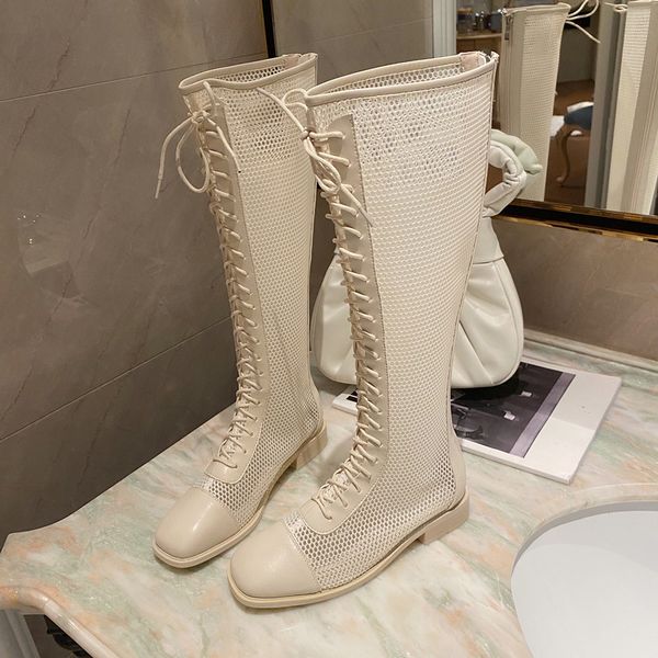 

breathable zipper flat boots roman wind hollow mesh sandals women summer new knee-high boots women, Black