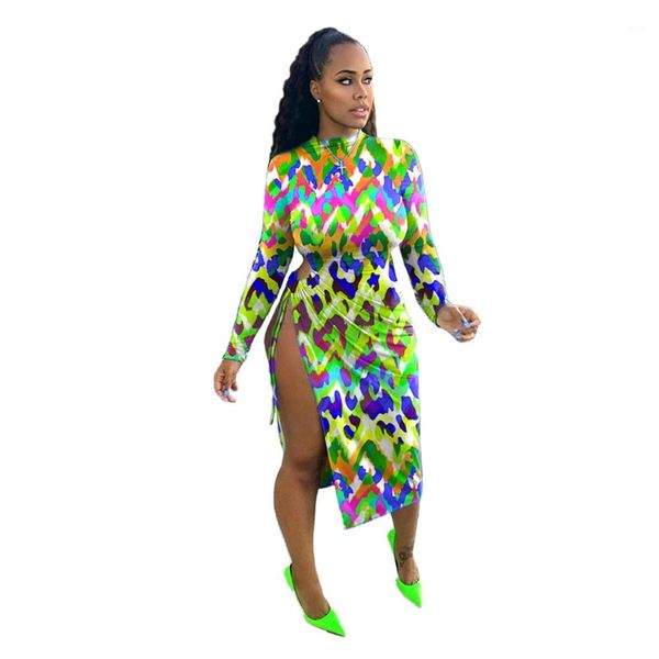 

long sleeve crew neck women bodycon dresses colorful leopard print split bandage mini dress womens designer dresses, Black;gray