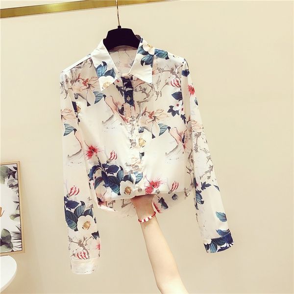 

long sleeve chiffon floral shirt womens loose blouse printed blouses spring autumn korean fashion flower shirt plus size, White