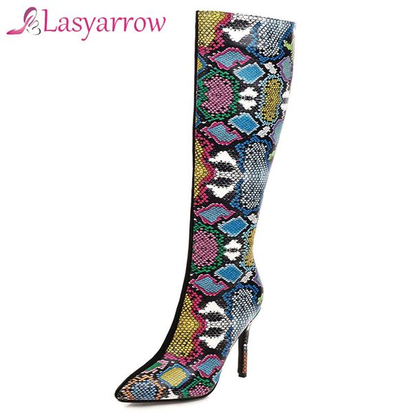 

lasyarrow women shoes snake print super high heel knee-high boots pointed toe stiletto heels zip fashion lady long boots winter, Black