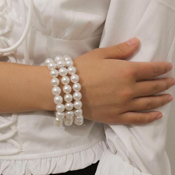 

multi layer pearl bracelets for women pure white adjusted bangles baroque elastic bracelet natural round jewelry, Black