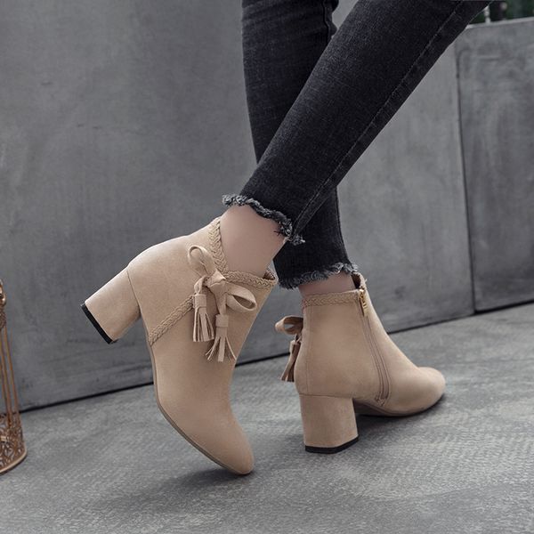 

boots ankle for women shoes woman bow knot fringe winter boots female pointed toe square high heels zipper flock ladies, Black