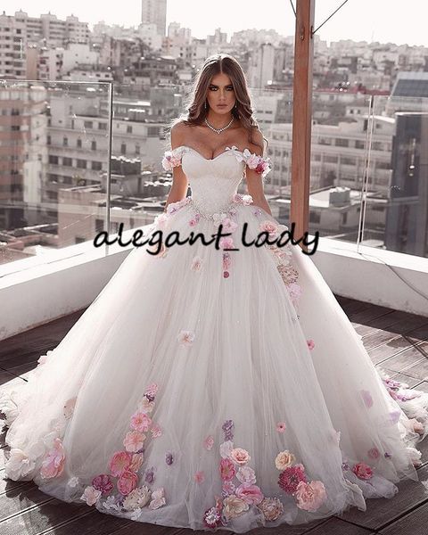 

Luxury Ball Gown Wedding Dresses 2019 Sweetheart Off Shoulder Pink Flower Bridal Gown Backless Sweep Train Bride Dress Plus Size