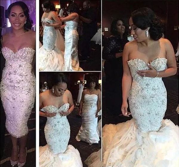 

Gorgeous Lace Wedding Dresses Shinny Beaded Crystal Mermaid Bridal Gowns Sweetheart Detachable Train Wedding Party Dress