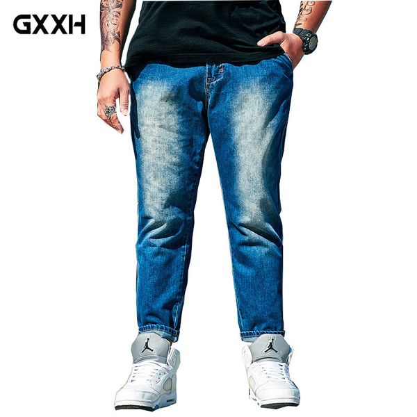 

men's jeans 2021 tide brand large size 8xl wear plus fertilizer blue nine points summer white waist elastic casual pants