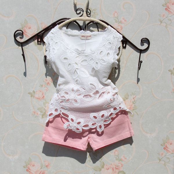 

2020 summer girls clothing sets kids clothes lace cotton vest+shorts two-piece suit girls clothes children clothing set age1-15y, White