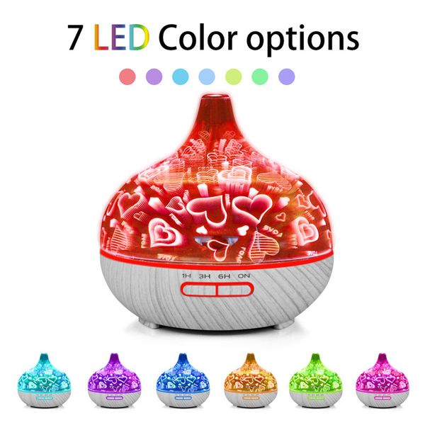 

new 400ml 3d humidifiers led night light glass wood grain vase shape ultrasonic essential oil diffuser