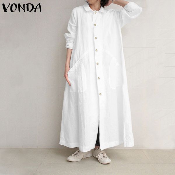 

vonda women long sleeve maternity dress casual button down cotton solid color maxi dresses cardigan femme loose sundress 5xl, White