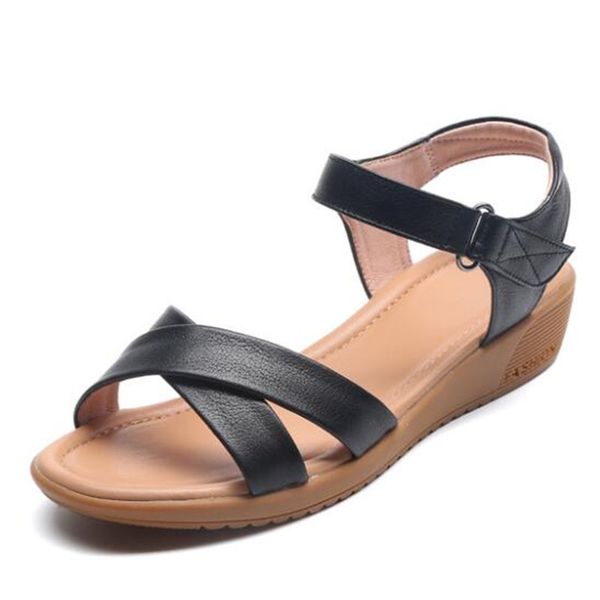 

summer 2020 cow muscle soft bottom wedge sandals women genuine leather sandals light comfort fashion casual, Black
