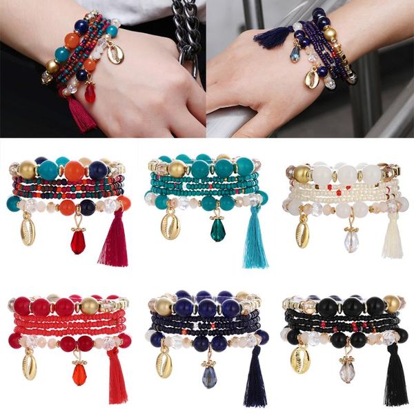 

colorful boho multilayer beaded tassel shell drop bracelet & bangle for women crystal natural stone party bracelet jewelry gift, Golden;silver